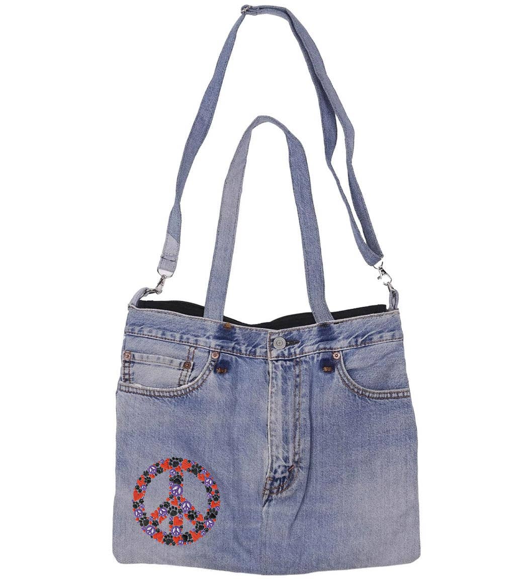 Denim Pocket Shoulder Bag (red peace sign) - Upcycled