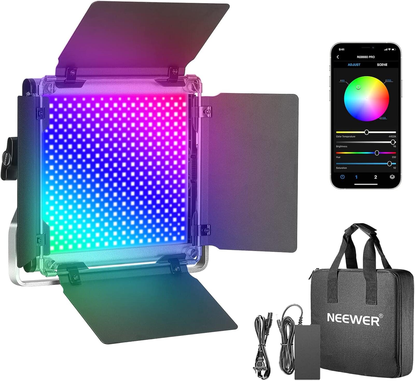 Neewer 660 Pro RGB LED Video Light 50W Panel with Barn Doors and U Bracket