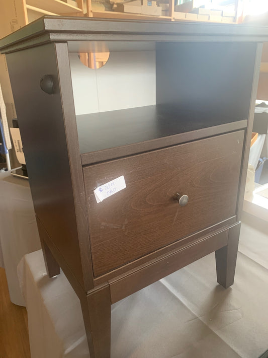 Dark Brown Wooden Nightstand with Drawer and Open Shelf