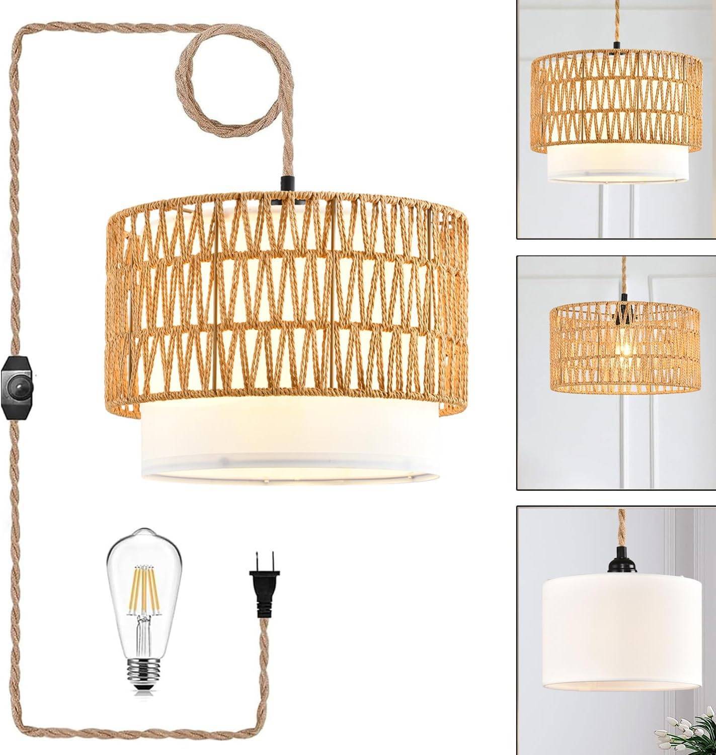 Rattan Woven Pendant Lamp with Dimmable LED Bulb and Fabric Shade