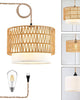 Rattan Woven Pendant Lamp with Dimmable LED Bulb and Fabric Shade