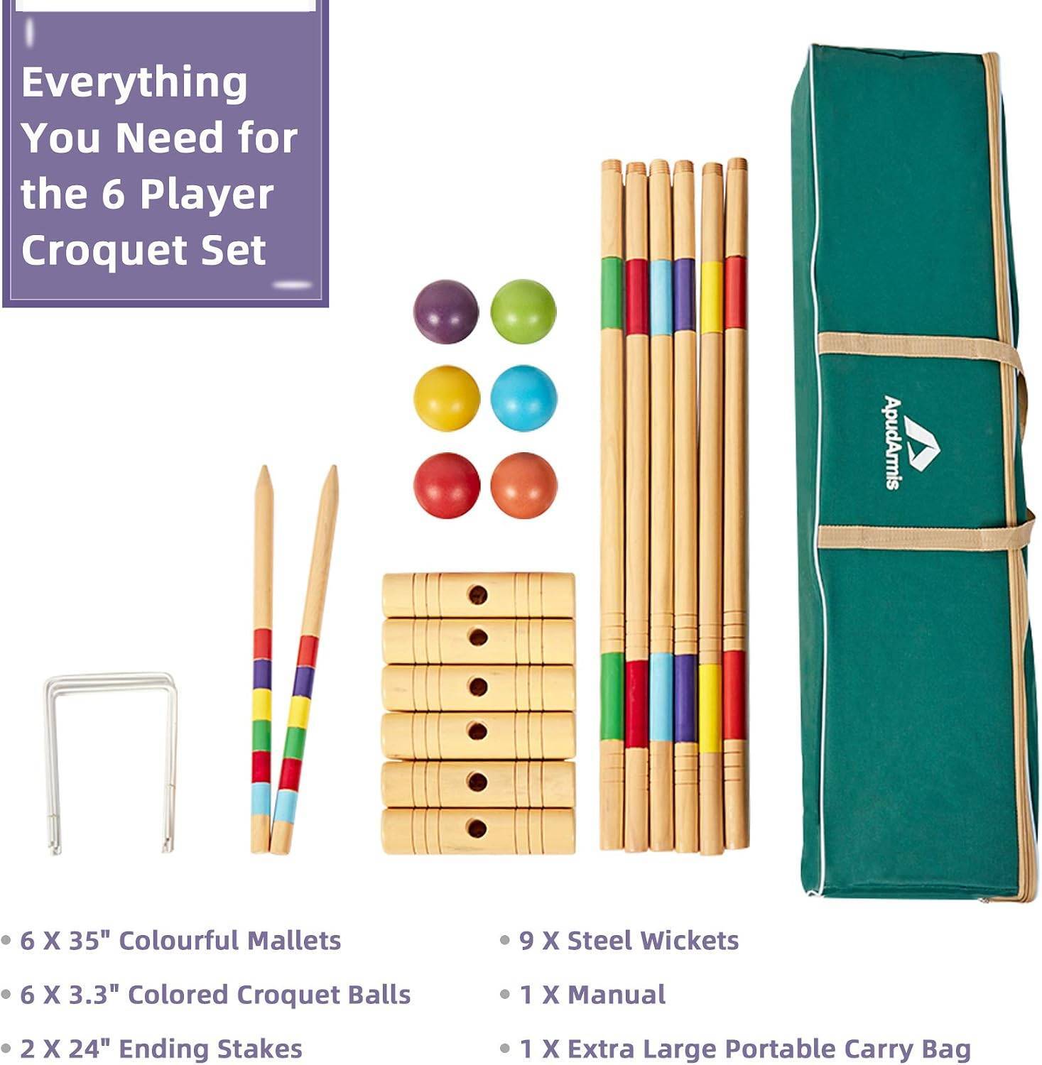 AquaDams 6 Player Croquet Set with Colorful Mallets and Carry Bag