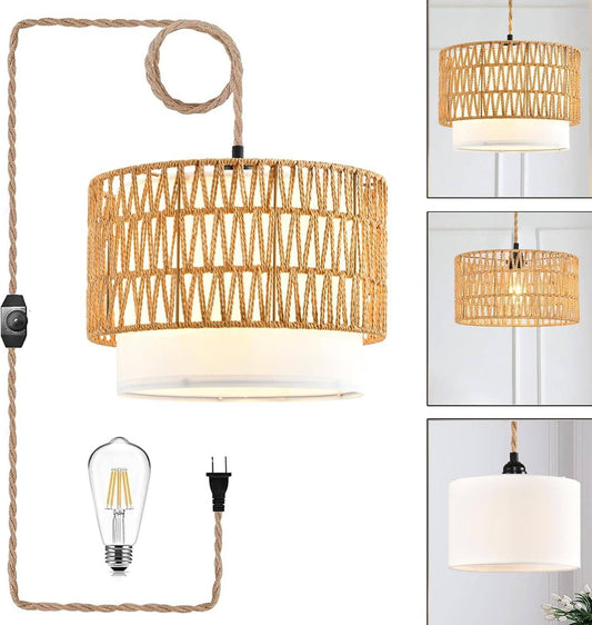 Rattan Woven Pendant Lamp with Dimmable LED Bulb and Fabric Shade 2