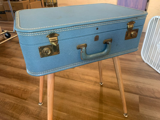 Vintage Blue Suitcase Side Table with Wooden Legs